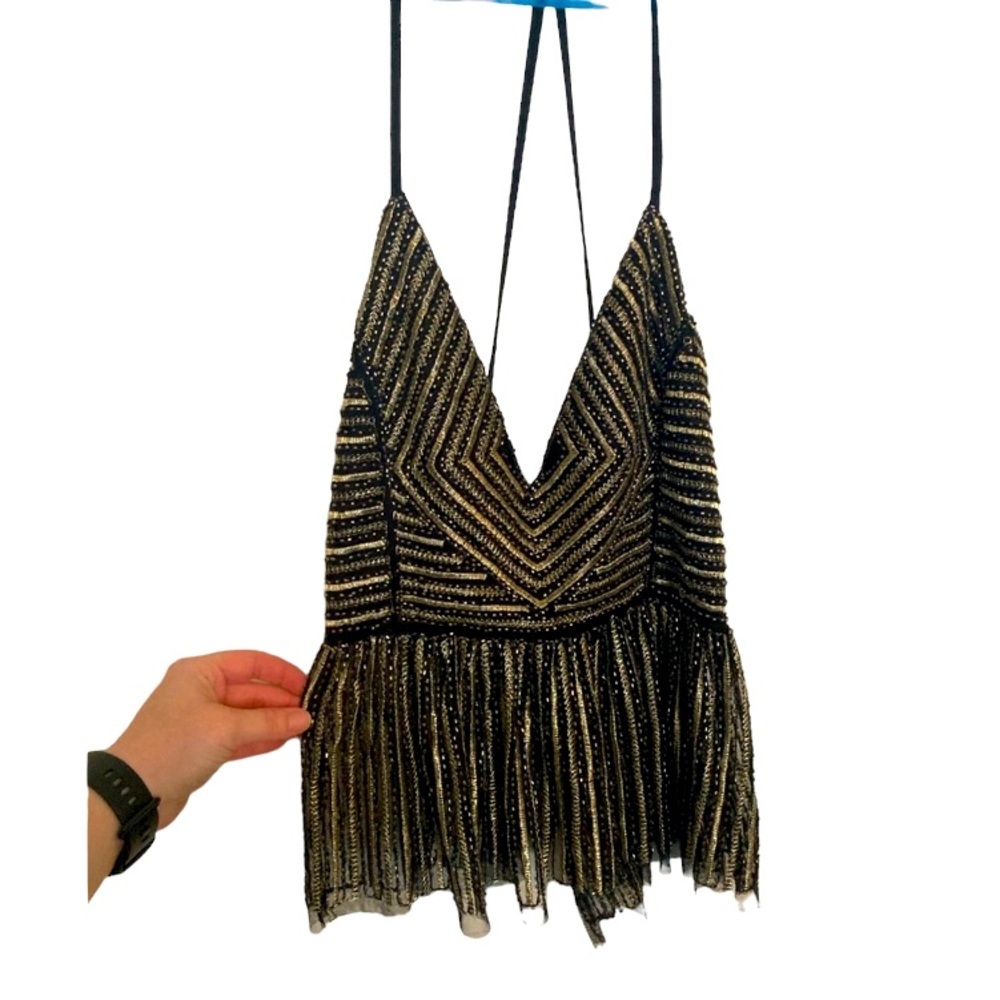 Nasty Gal Beaded Top. Black And Gold With Sheer Peplum Bottom. Size 8.